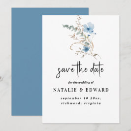 rustieke stoffige blauwe waterverf bloemenboeket save the date