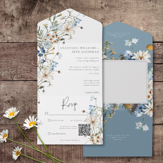 Rustieke Stoffige Blauwe Wildbloemen & Daisies QR  All In One Uitnodiging