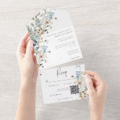 Rustieke Stoffige Blauwe Wildbloemen & Daisies QR  All In One Uitnodiging (Afscheurbaar)