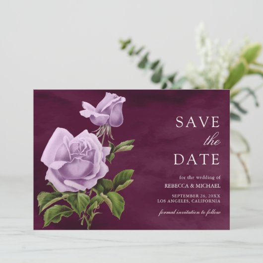 Rustieke stoffige Paarse Roos Floral Plum Wedding Save The Date (Staand voorkant)