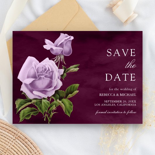 Rustieke stoffige Paarse Roos Floral Plum Wedding Save The Date