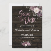 Rustieke stoffige Paarse Rozen Bloemen op Dark Woo Save The Date (Voorkant)