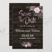 Rustieke stoffige Paarse Rozen Bloemen op Dark Woo Save The Date (Voorkant / Achterkant)