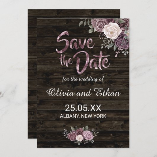 Rustieke stoffige Paarse Rozen Bloemen op Dark Woo Save The Date (Voorkant / Achterkant)