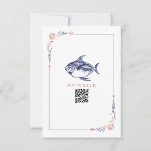 Rustieke Strand Bruiloft Rode & Blauwe Vis RSVP Kaartje (Voorkant)