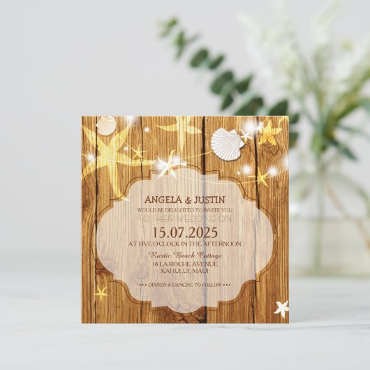 Rustieke strand bruiloftsfeest kaart (Staand voorkant)