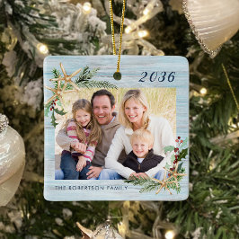 Rustieke strand hout zeesterren familie foto Kerst Keramisch Ornament