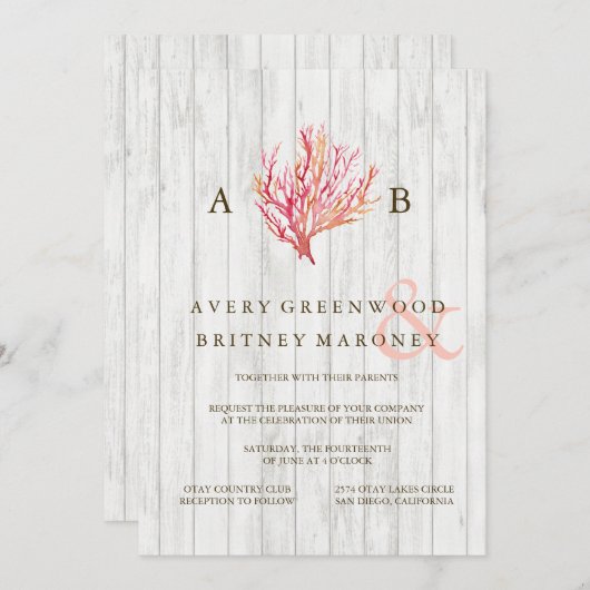 RUSTIEKE STRAND KORAAL HOUT BRUILOFT UITNODIGING (Voorkant / Achterkant)