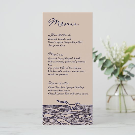 Rustieke strand oceaan golven bruiloft diner menu (Staand voorkant)