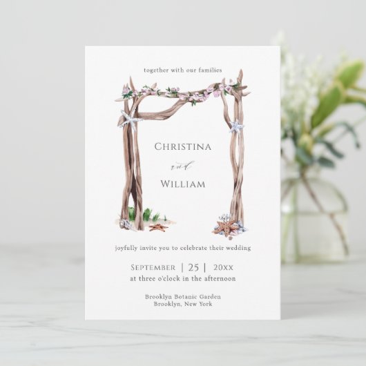 Rustieke strand Waterverf Driftwood bruiloft boog Kaart (Staand voorkant)