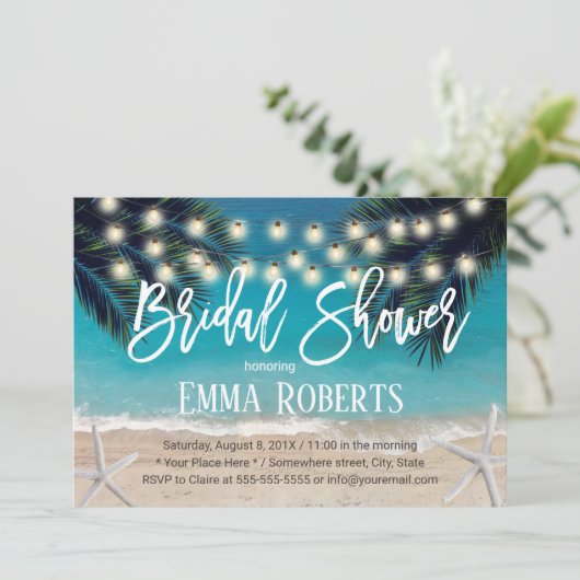 Rustieke strand zeester slingerlamp bruidsfeest kaart (Staand voorkant)