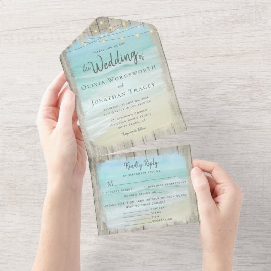 Rustieke strandbestemming Bruiloft Menu Opties All In One Uitnodiging (Afscheurbaar)