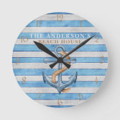 Rustieke strandhuis nautische strepen gepersonalis ronde klok (Voorkant)