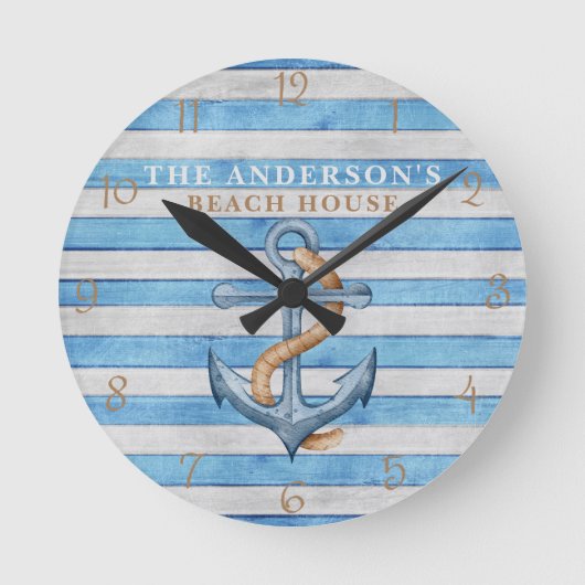 Rustieke strandhuis nautische strepen gepersonalis ronde klok (Voorkant)
