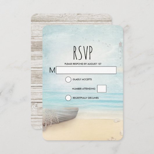 Rustieke strandscène met boot bruiloft RSVP kaart (Voorkant / Achterkant)