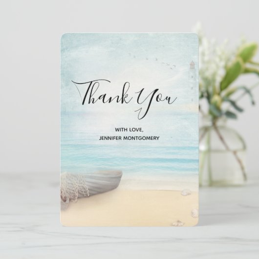 Rustieke strandscène met boot dank u bedankkaart (Staand voorkant)