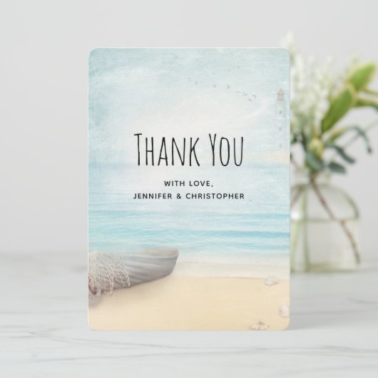 Rustieke strandscène met boot dank u kaart (Staand voorkant)