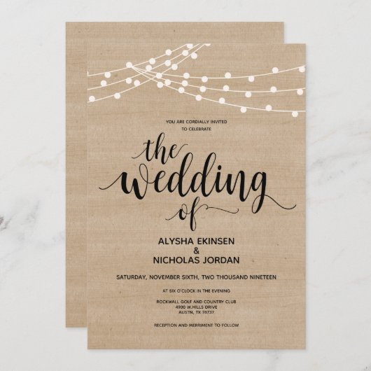 Rustieke string lichten boerderij bruiloft uitnodi programmakaart (Voorkant / Achterkant)