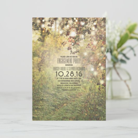 Rustieke string lichten bomen pad verlovingsfeest kaart (Staand voorkant)