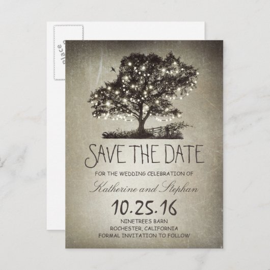 Rustieke string lichten boom opslaan van de datum aankondigingskaart (Voorkant / Achterkant)