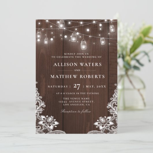 Rustieke string lichten bruiloft uitnodiging (Staand voorkant)
