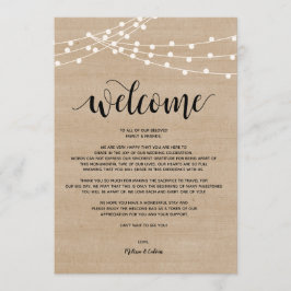 Rustieke string lichten bruiloft welkom en reisrou programmakaart