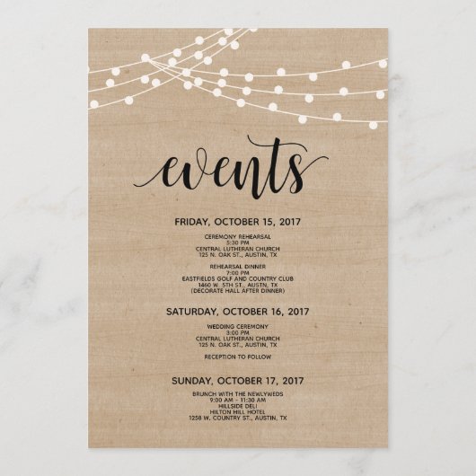 Rustieke string lichten bruiloft welkom en reisrou programmakaart (Achterkant)