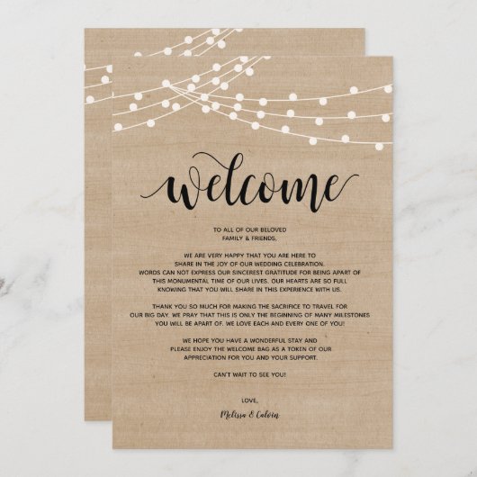 Rustieke string lichten bruiloft welkom en reisrou programmakaart (Voorkant / Achterkant)