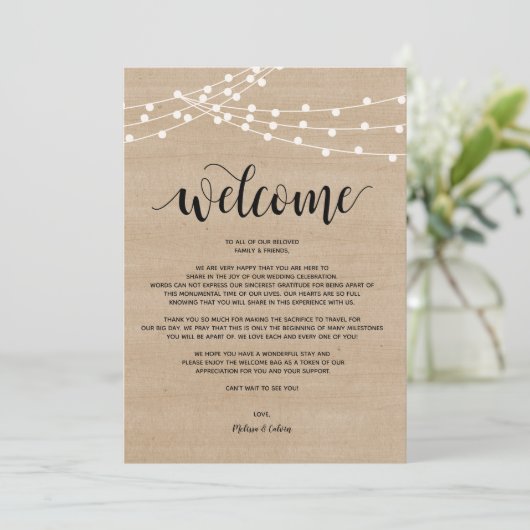 Rustieke string lichten bruiloft welkom en reisrou programmakaart (Staand voorkant)