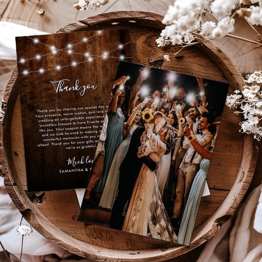 Rustieke String Lichten, Foto & Hout Wedding Bedankkaart