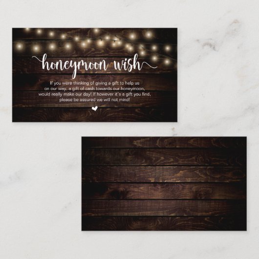Rustieke String Lichten, Hout, Honeymoon Wens Informatiekaartje (Voorkant / Achterkant)