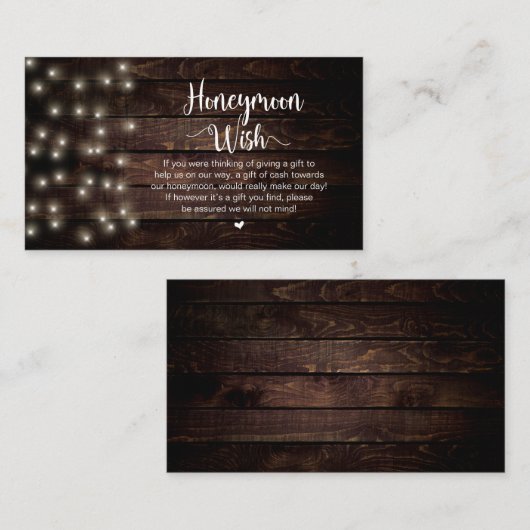 Rustieke String Lichten, Hout, Honeymoon Wens Informatiekaartje (Voorkant / Achterkant)