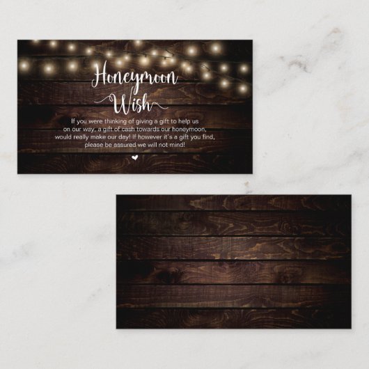 Rustieke String Lichten, Hout, Honeymoon Wens Informatiekaartje (Voorkant / Achterkant)