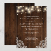 Rustieke String Lichten Hout Kant Detail Trouwen Kaart (Voorkant / Achterkant)