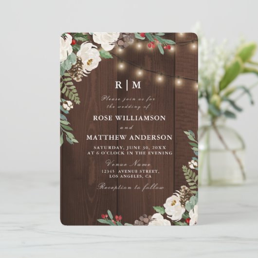 Rustieke string lichten winter bruiloft uitnodigin kaart (Staand voorkant)