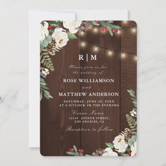 Rustieke string lichten winter bruiloft uitnodigin kaart (Voorkant)