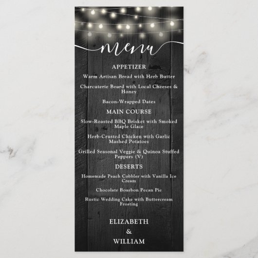 Rustieke String Lichten Zwarte Schuur Hout Huwelij Menu (Voorkant)