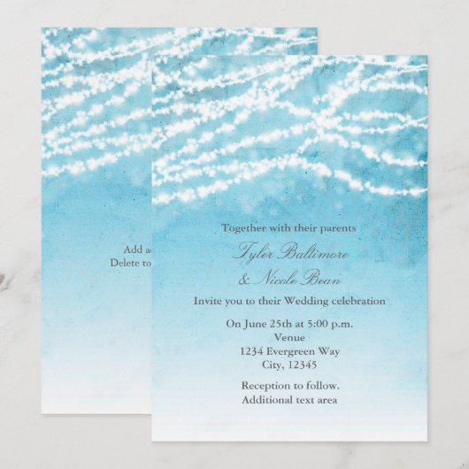 Rustieke String Lights Blauwe bruiloft uitnodiging (Voorkant / Achterkant)