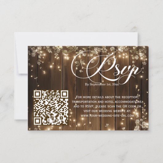 Rustieke String Lights Bloemen QR Code Huwelijk RS RSVP Kaartje (Voorkant)