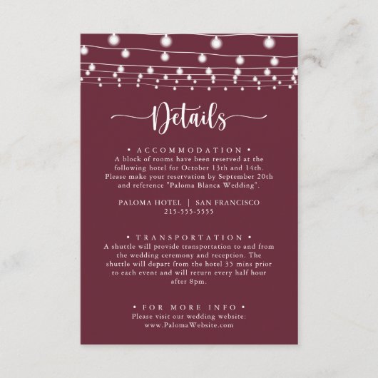 Rustieke String Lights Bourgondische bruiloft Deta Informatiekaartje (Voorkant)