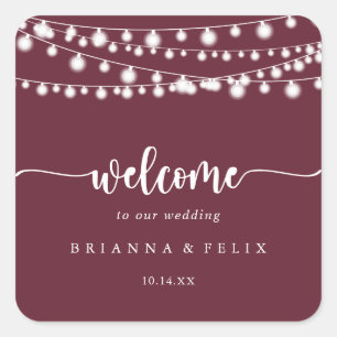 Rustieke String Lights Bourgondische bruiloft Welk Vierkante Sticker
