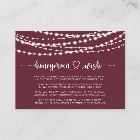 Rustieke String Lights Bourgondische huwelijksreis Informatiekaartje (Voorkant)