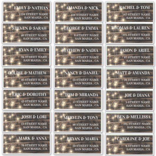 Rustieke String Lights Bruiloft Gast Adresetikette Sticker (Voorkant)