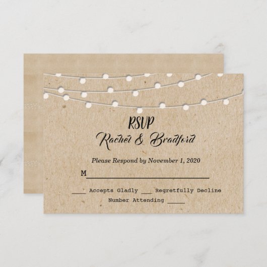Rustieke String Lights Bruiloft Personaliseren RSVP Kaartje (Voorkant / Achterkant)