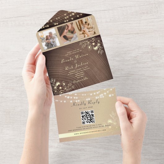 Rustieke String Lights Bruiloft QR Code All In One Uitnodiging (Afscheurbaar)