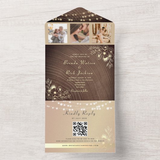 Rustieke String Lights Bruiloft QR Code All In One Uitnodiging (Binnen)