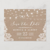 Rustieke String Lights Burlap Lace | De datum opsl Aankondigingskaart (Voorkant)