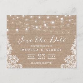 Rustieke String Lights Burlap Lace | De datum opsl Aankondigingskaart