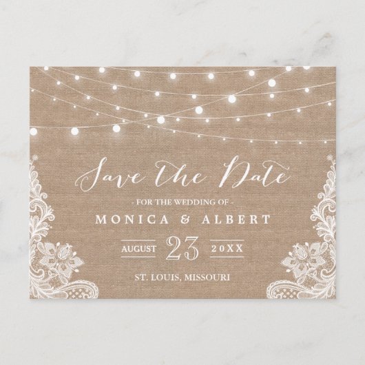 Rustieke String Lights Burlap Lace | De datum opsl Aankondigingskaart (Voorkant)