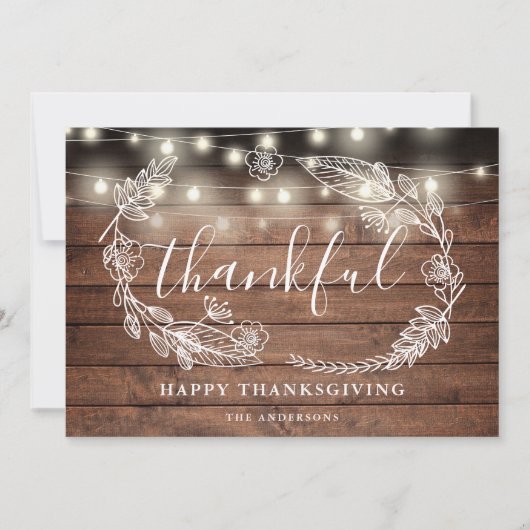 Rustieke String Lights Dankbaar Foto Thanksgiving Feestdagenkaart (Voorkant)